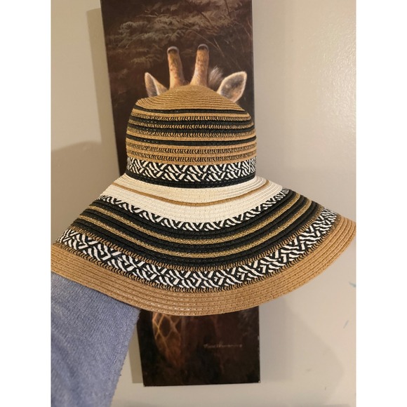 Tahari Accessories - Tahari Womens Wide Brim Straw Sun Hat Tan Black White Metallic Striped Floppy